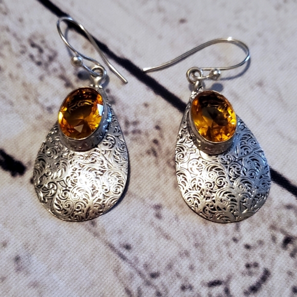 Jewelry - Boho 925 Silver Citrine Handmade Scroll Earrings